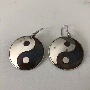 Yin and Yang Vintage Silver + Bronze Metal Earrings Fish Hook Close - no stamp